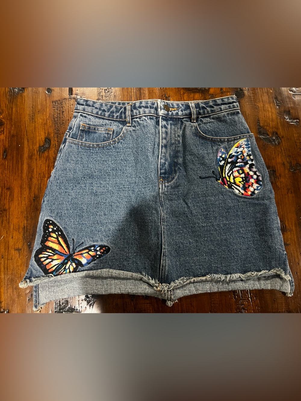 Honey Punch Blue Denim Skirt with Colorful Butterfly Embroidery